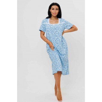Сорочка  женская       из кулирки     с коротким рукавом  голубая  Цветы Kuzina