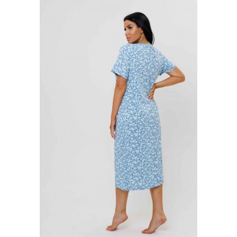 Сорочка  женская       из кулирки     с коротким рукавом  голубая  Цветы Kuzina