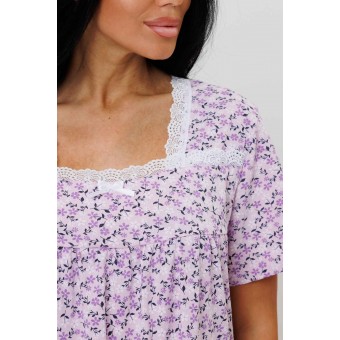 Сорочка  женская       из кулирки     с коротким рукавом  розовая  Цветы Kuzina