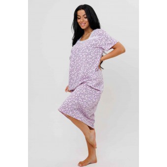 Сорочка  женская       из кулирки     с коротким рукавом  розовая  Цветы Kuzina