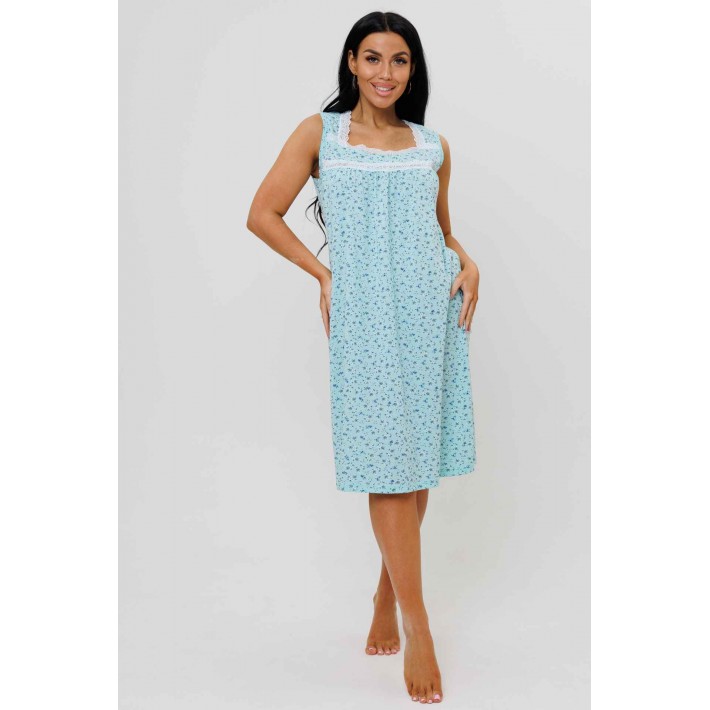 Сорочка женская из кулирки без рукавов Светло-голубой Цветы Kuzina