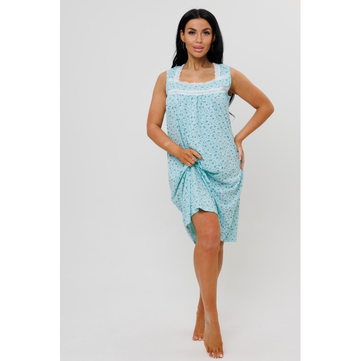 Сорочка женская из кулирки без рукавов Светло-голубой Цветы Kuzina