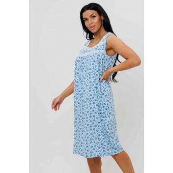 Сорочка  женская       из кулирки     без рукавов  голубая  Цветы Kuzina