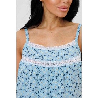 Сорочка  женская       из кулирки     на бретелях  голубая  Цветы Kuzina