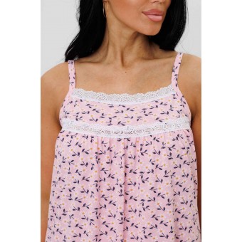 Сорочка  женская       из кулирки     на бретелях  розовая  Цветы Kuzina