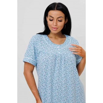 Сорочка  женская       из кулирки     с коротким рукавом  голубая  Цветы Kuzina