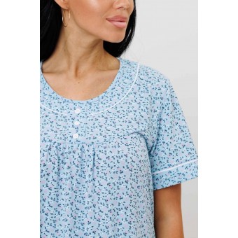Сорочка  женская       из кулирки     с коротким рукавом  голубая  Цветы Kuzina