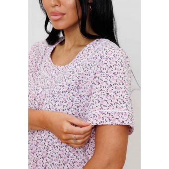 Сорочка  женская       из кулирки     с коротким рукавом  розовая  Цветы Kuzina