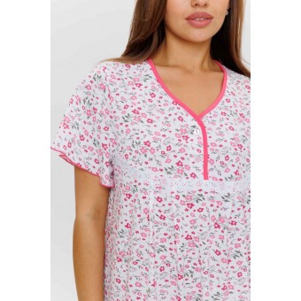 Сорочка  женская       из кулирки     с коротким рукавом  розовая  Цветы Kuzina