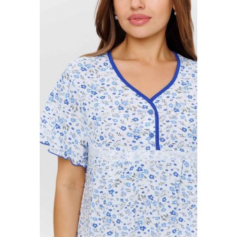 Сорочка  женская       из кулирки     с коротким рукавом  голубая  Цветы Kuzina