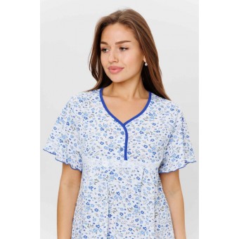Сорочка  женская       из кулирки     с коротким рукавом  голубая  Цветы Kuzina