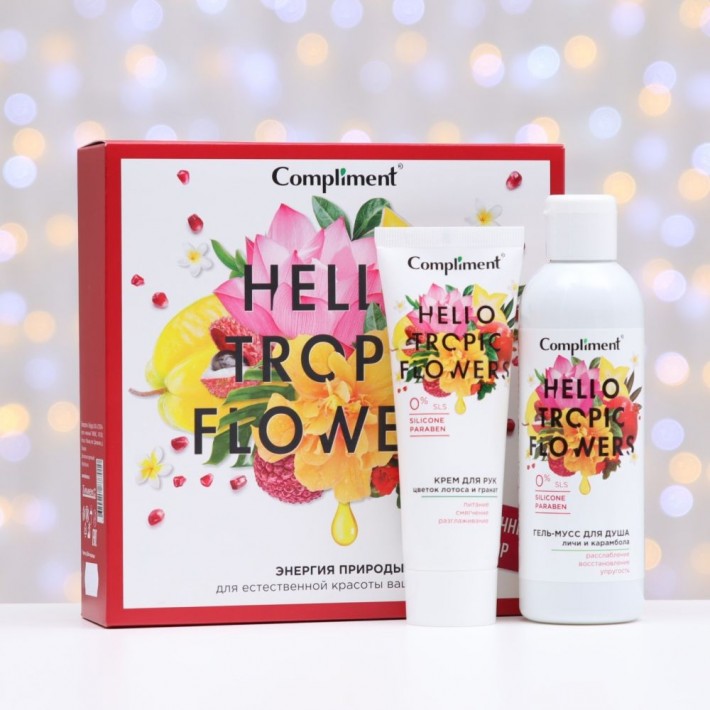877010 Compliment HELLO TROPIC FLOWERS ПН №1401 (гель для душа 200мл + крем для рук 80мл)
