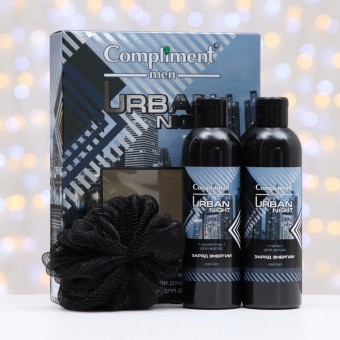 640385 Compliment men Urban night ПН №1730 (Шампунь для волос Заряд энергии,250мл + Гель для душа Заряд энергии, 250мл+мочалка черн.)