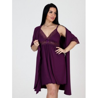 Гарнитур  женский       из вискозы   с запахом сорочка и халат   фиолетовый