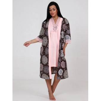 Гарнитур  женский       из кулирки   с запахом сорочка и халат   розовый  Цветы