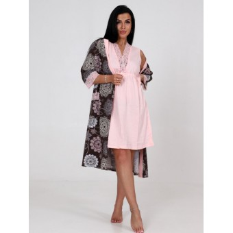 Гарнитур  женский       из кулирки   с запахом сорочка и халат   розовый  Цветы