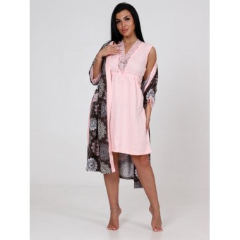 Гарнитур  женский       из кулирки   с запахом сорочка и халат   розовый  Цветы