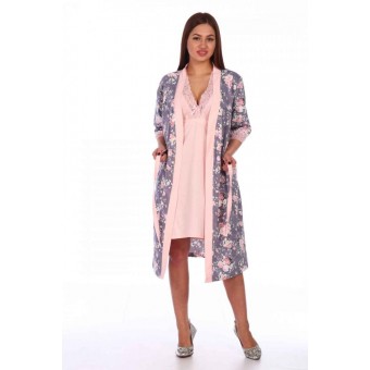 Гарнитур  женский       из кулирки   с запахом сорочка и халат   розовый  Цветы