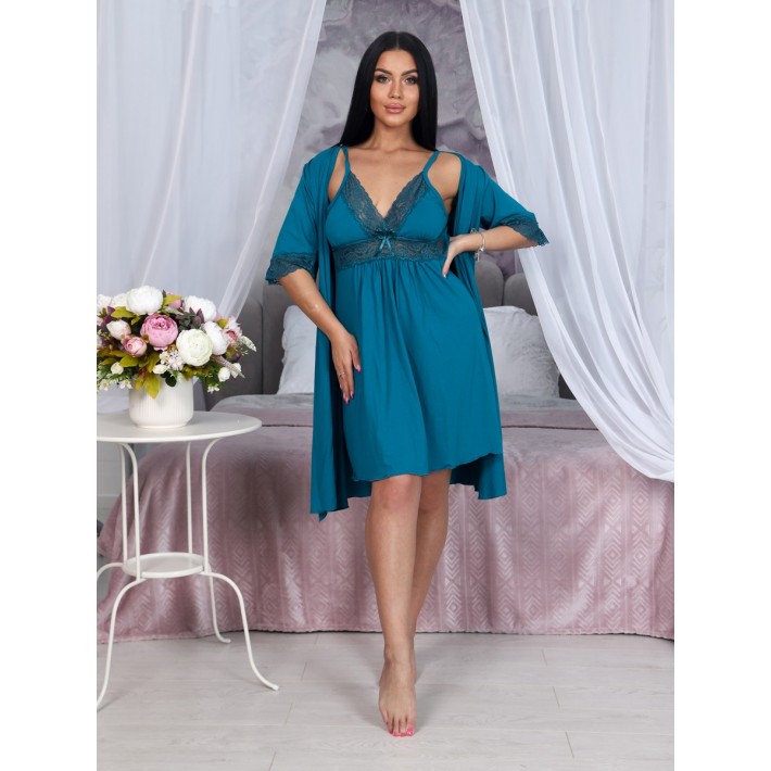 Гарнитур женский из вискозы с запахом сорочка и халат голубой однотонный