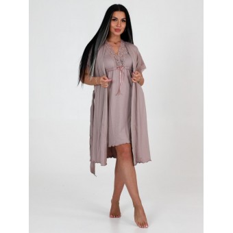 Гарнитур  женский       из вискозы   с запахом сорочка и халат   бежевый  однотонный