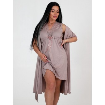 Гарнитур  женский       из вискозы   с запахом сорочка и халат   бежевый  однотонный