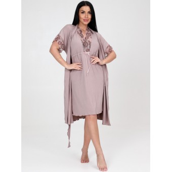 Гарнитур  женский       из вискозы   с запахом сорочка и халат   бежевый  однотонный