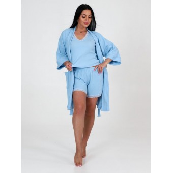 Гарнитур  женский       из вафли   с запахом пижама и халат   голубой  однотонный