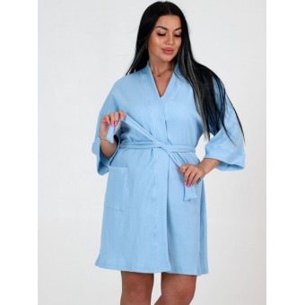 Гарнитур  женский       из вафли   с запахом пижама и халат   голубой  однотонный