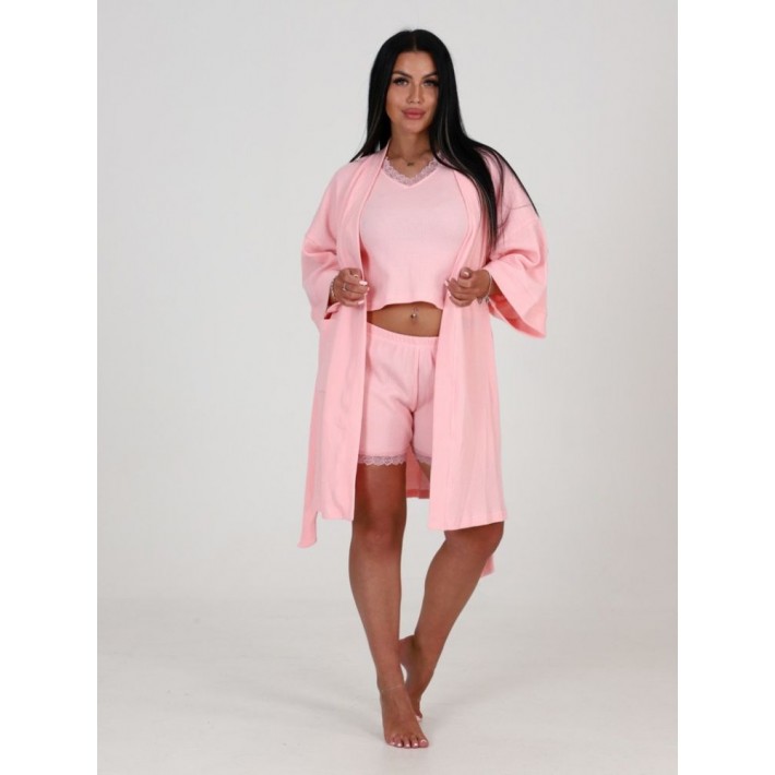 Гарнитур женский из вафли с запахом пижама и халат розовый однотонный