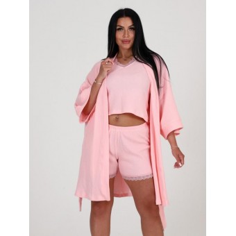 Гарнитур  женский       из вафли   с запахом пижама и халат   розовый  однотонный