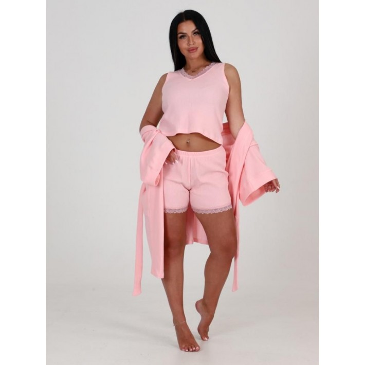 Гарнитур женский из вафли с запахом пижама и халат розовый однотонный