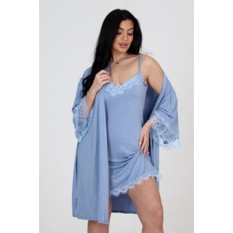 Гарнитур  женский       из вискозы   с запахом сорочка и халат   голубой  однотонный
