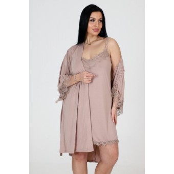 Гарнитур  женский       из вискозы   с запахом сорочка и халат   бежевый  однотонный