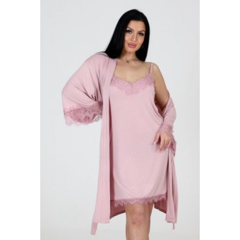 Гарнитур  женский       из вискозы   с запахом сорочка и халат   розовый  однотонный