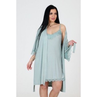 Гарнитур  женский       из вискозы   с запахом сорочка и халат   зеленый  однотонный