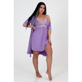 Гарнитур  женский       из вискозы   с запахом сорочка и халат   фиолетовый  однотонный