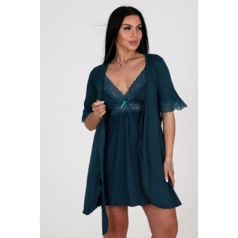 Гарнитур  женский       из вискозы   с запахом сорочка и халат   зеленый  однотонный