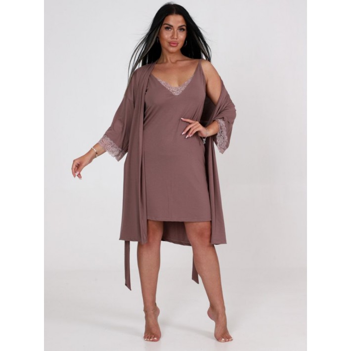 Гарнитур женский из вискозы с запахом сорочка и халат коричневый однотонный