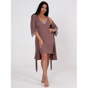 Гарнитур  женский       из вискозы   с запахом сорочка и халат   коричневый  однотонный