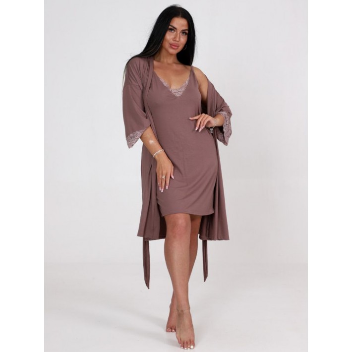 Гарнитур женский из вискозы с запахом сорочка и халат коричневый однотонный