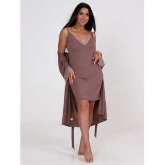 Гарнитур  женский       из вискозы   с запахом сорочка и халат   коричневый  однотонный