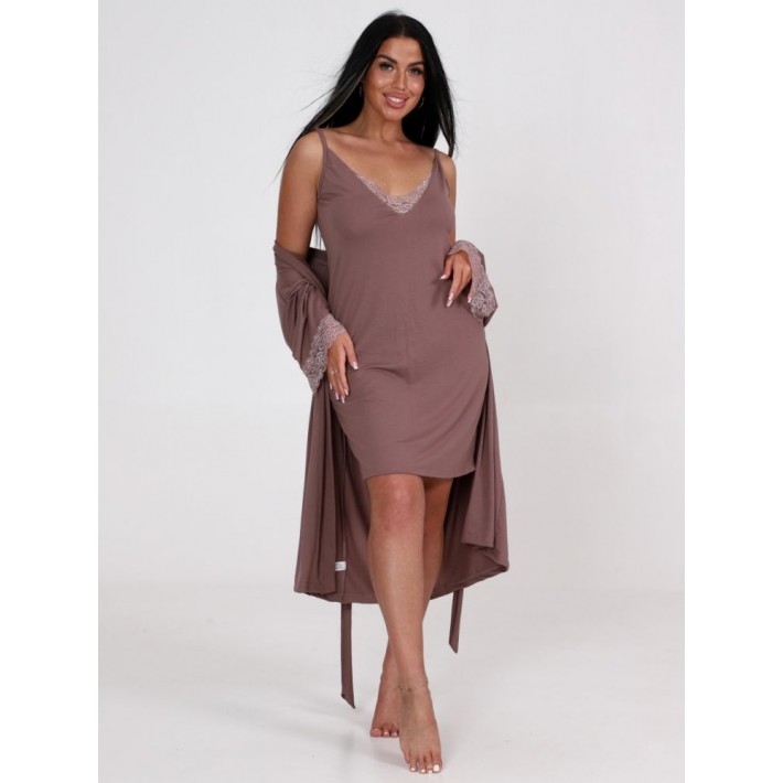 Гарнитур женский из вискозы с запахом сорочка и халат коричневый однотонный