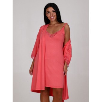 Гарнитур  женский       из вискозы   с запахом сорочка и халат   красный  однотонный