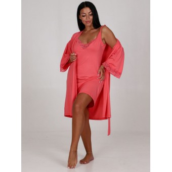 Гарнитур  женский       из вискозы   с запахом сорочка и халат   красный  однотонный
