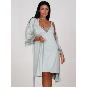 Гарнитур  женский       из вискозы   с запахом сорочка и халат   зеленый  однотонный