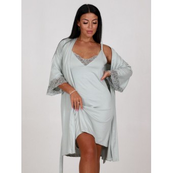 Гарнитур  женский       из вискозы   с запахом сорочка и халат   зеленый  однотонный