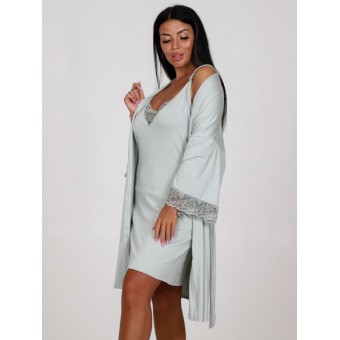 Гарнитур  женский       из вискозы   с запахом сорочка и халат   зеленый  однотонный