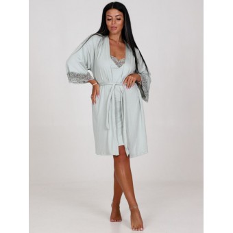 Гарнитур  женский       из вискозы   с запахом сорочка и халат   зеленый  однотонный