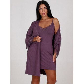 Гарнитур  женский       из вискозы   с запахом сорочка и халат   фиолетовый  однотонный
