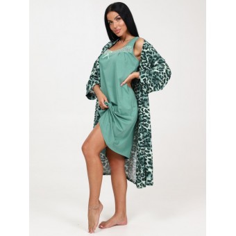 Гарнитур  женский       из кулирки   с запахом сорочка и халат   зеленый  Животный принт